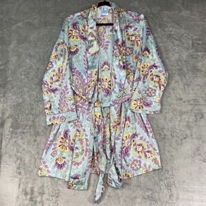 Nick & Nora Robe Womens S/M Blue‎ Purple 100% Silk Paisley Novelty Colorful Y2K